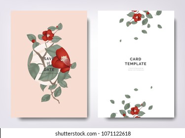 Botanical wedding invitation card template design, red Japanese camellia flowers and leaves with circle frame on orange background, minimalist vintage style