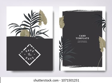 Botanical wedding invitation card template design, green leaves and black palm leaves with black grunge frame, minimalist vintage style