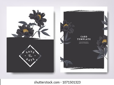 Botanical wedding invitation card template design, black paenia lactiflora flowers and leaves with black grunge frame, minimalist vintage style Botanical wedding invitation card template design, black paenia lactiflora flowers and leaves with black grunge frame, minimalist vintage style