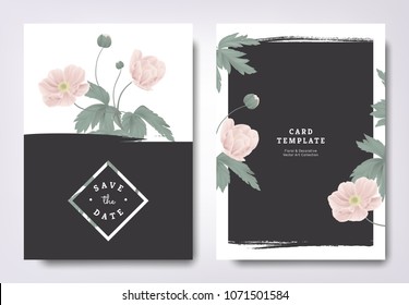 Botanical wedding invitation card template design, pink anemone flowers and leaves with black grunge frame, minimalist vintage style