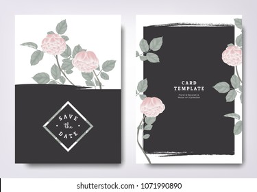 Botanical wedding invitation card template design, pink rose flowers and leaves with black grunge frame, minimalist vintage style