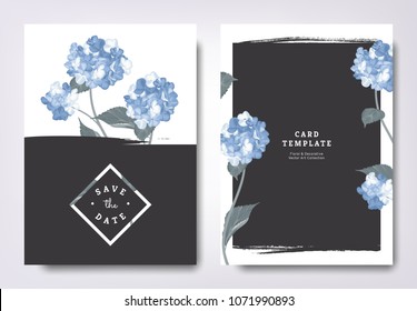 Botanical wedding invitation card template design, blue hydrangea flowers and leaves with black grunge frame, minimalist vintage style Botanical wedding invitation card template design, blue hydrangea flowers and leaves with black grunge frame, minimalist vintage style