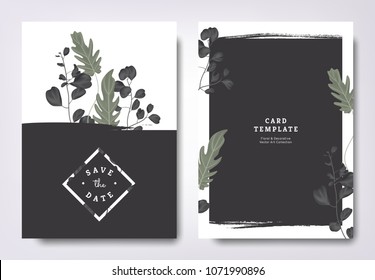 Botanical wedding invitation card template design, green leaves and black eucalyptus leaves with black grunge frame, minimalist vintage style