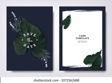 Botanical wedding invitation card template design, hearted shape leaves and lavender flowers on dark blue background, minimalist dark theme