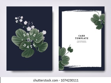 Botanical wedding invitation card template design, snowy orchid tree leaves with small white flowers on dark blue background, minimalist dark theme