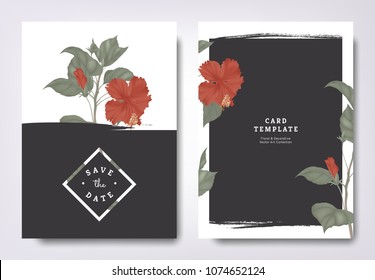 Diseño de plantillas para tarjetas de invitación a bodas botánicas, flores y hojas de hibisco con marco negro, estilo vintage minimalista