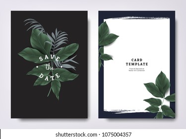 Botanical wedding invitation card template design, tropical green leaves on black background, minimalist dark theme