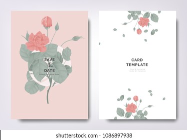 Botanical wedding invitation card template design, red rose flowers and leaves with circle frame on light red background, minimalist vintage style