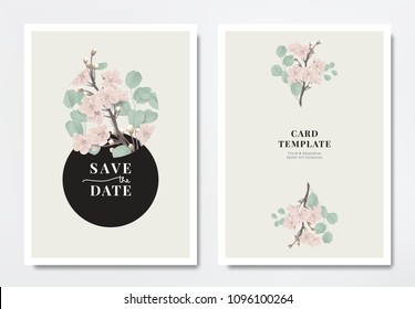 Botanical wedding invitation card template design, pink sakura flowers with Silver Dollar Eucalyptus leaves in circle frame on light yellow background, minimalist vintage style Botanical wedding invitation card template design, pink sakura flowers with Silver Dollar Eucalyptus leaves in circle frame on light yellow background, minimalist vintage style