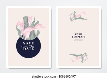 Botanical wedding invitation card template design, pink calla lily flowers and purple Thalictrum delavayi flowers with leaves in circle frame on light brown background, minimalist vintage style Botanical wedding invitation card template design, pink calla lily flowers and purple Thalictrum delavayi flowers with leaves in circle frame on light brown background, minimalist vintage style