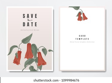 Botanical wedding invitation card template design, red Lapageria rosea flowers with leaves on light pink background, minimalist vintage style