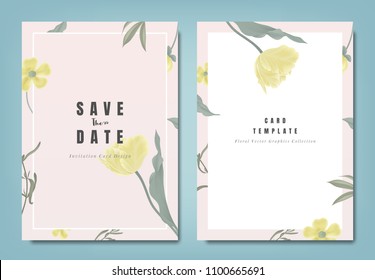 Botanical wedding invitation card template design, yellow tulip flowers and leaves on light red background, minimalist vintage style Botanical wedding invitation card template design, yellow tulip flowers and leaves on light red background, minimalist vintage style