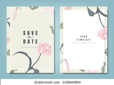 Botanical wedding invitation card template design, pink tulip flowers and leaves on light brown background, minimalist vintage style