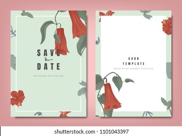 Botanical wedding invitation card template design, red Lapageria rosea flowers and leaves on green background, minimalist vintage style