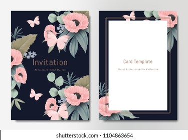 Botanical wedding invitation card template design, bouquets of pink poppy flowers with leaves and butterflies on dark blue background, vintage style