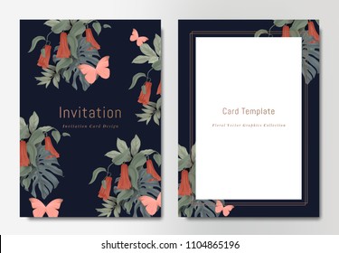 Botanical wedding invitation card template design, bouquets of red Lapageria rosea flowers with leaves and butterflies on dark blue background, vintage style