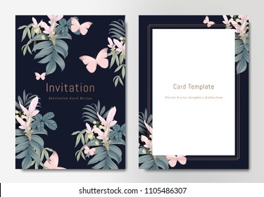 Botanical wedding invitation card template design, bouquets of pink Curcuma alismatifolia flowers with leaves and butterflies on dark blue background, vintage style