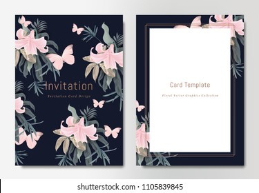 Botanical wedding invitation card template design, bouquets of pink lily flowers with leaves and butterflies on dark blue background, vintage style