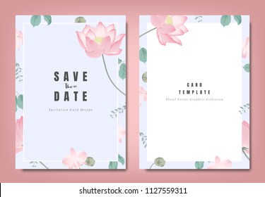 Botanical wedding invitation card template design, pink lotus flowers and leaves on light blue background, minimalist vintage style