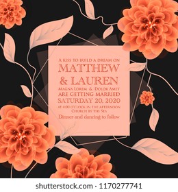 Botanical wedding invitation card template design, peach peony flowers and leaves with gold  frame on dark background, vintage style