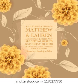 Botanical wedding invitation card template design, yellow peony flowers and leaves with gold  frame on brown background, vintage style