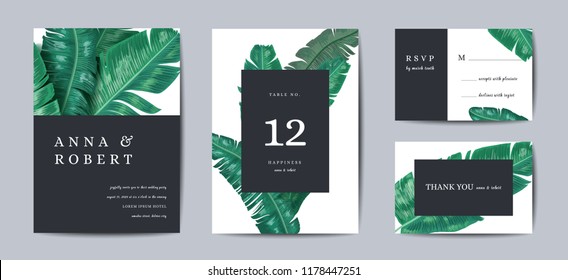 Botanical wedding invitation card Template Design, Tropical Leaves in modern style, Collection of Save the date, RSVP in vector