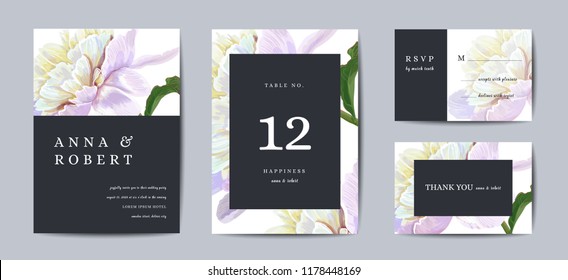 Botanical wedding invitation card Template Design, peony flowers in modern, Collection of Save the date, RSVP in vector