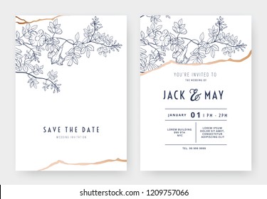 Botanical Wedding Invitation Card Template Design, Bower Vine Line Art Ink Drawing On White