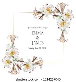 Botanical wedding invitation card template design, white lily flowers with golden frame on white background, vintage style.