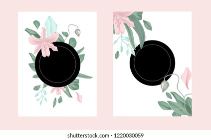 	
Botanical wedding invitation card template design, pink lily flowers and leaves with blue frame on pink background, vintage style