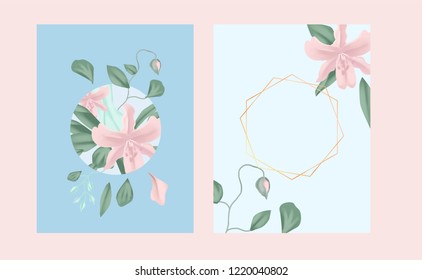 Botanical wedding invitation card template design, pink lily flowers and leaves with blue frame on pink background, vintage style