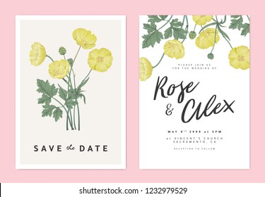 Botanical wedding invitation card template design, yellow creeping buttercup flowers bouquet, pastel vintage theme