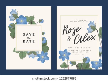 Botanical wedding invitation card template design, blue Hepatica Nobilis flowers with square frame on light orange background, pastel vintage theme