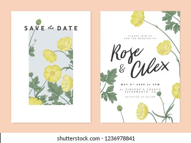 Botanical wedding invitation card template design, yellow creeping buttercup flowers in light blue rectangle on white background, pastel vintage theme