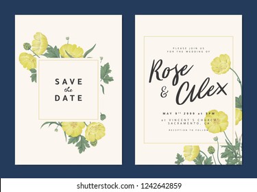 Botanical wedding invitation card template design, yellow creeping buttercup flowers with square frame on light orange background, pastel vintage theme