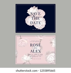 Botanical Wedding Invitation Card Template Design, Vintage Pink Rose On Dark Blue And Pink