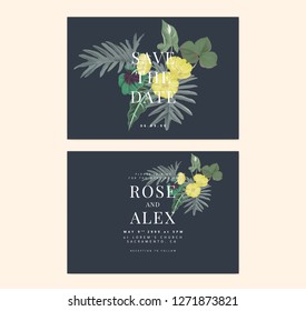 Botanical wedding invitation card template design, green leaves and creeping buttercup flowers on dark blue
