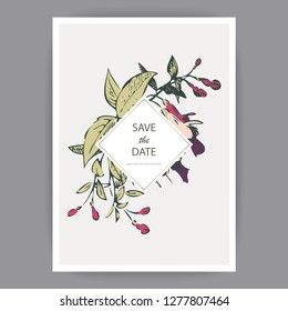 Botanical wedding invitation card template design, hand drawn fuchsia pink flowers and leaves square frame, pastel vintage rural theme white background, minimalist vintage style, vector illustration - Powered by Shutterstock - Get 15% off with code: PIKWIZARD15