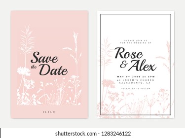 Botanical wedding invitation card template design, white and pink silhouette grass flowers on pink and white