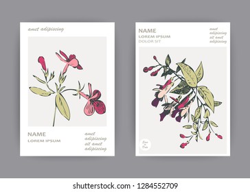 Botanical wedding invitation card template design, hand drawn fuchsia pink flowers and leaves, pastel vintage rural theme with square frame on white background, minimalist vintage style