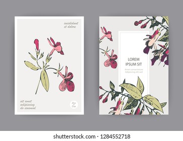 Botanical wedding invitation card template design, hand drawn fuchsia pink flowers and leaves, pastel vintage rural theme with square frame on white background, minimalist vintage style