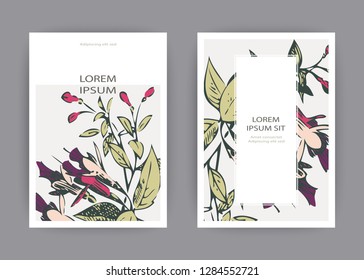 Botanical wedding invitation card template design, hand drawn fuchsia pink flowers and leaves, pastel vintage rural theme with square frame on white background, minimalist vintage style