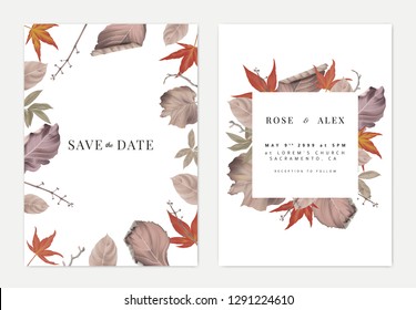 Botanical wedding invitation card template design, colorful dried leaves and branches on white