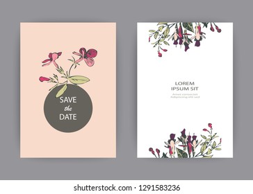 Botanical wedding invitation card template design, hand drawn fuchsia pink flowers  leaves circle frame, pastel vintage rural theme white background, minimalist vintage style, vector illustration
