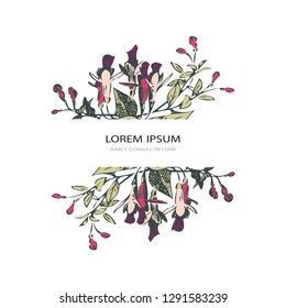 Botanical wedding invitation card template design, hand drawn fuchsia pink flowers and leaves, pastel vintage rural theme with square frame on white background, minimalist vintage style