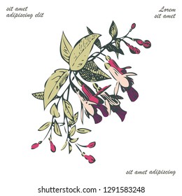 Botanical wedding invitation card template design, hand drawn fuchsia pink flowers and leaves, pastel vintage rural theme with square frame on white background, minimalist vintage style