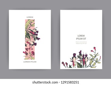 Botanical wedding invitation card template design, hand drawn fuchsia pink flowers and leaves, pastel vintage rural theme with square frame on white background, minimalist vintage style