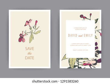 Botanical wedding invitation card template design, hand drawn fuchsia pink flowers and leaves, pastel vintage rural theme with square frame on white background, minimalist vintage style