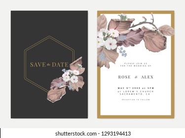 Botanical wedding invitation card template design, dried leaves and Woolly rock jasmine flowers on dark grey and white