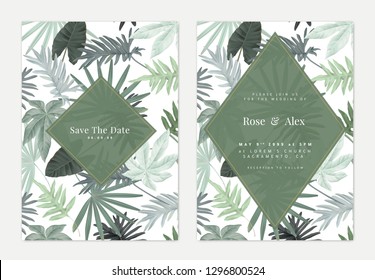 Botanical wedding invitation card template design, various green leaves pattern on white with green diamond frame